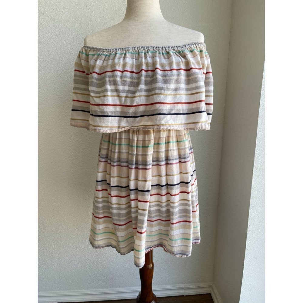 BP Beige Striped off the Shoulder Tiered Linen Blend Boho Dress Nordstrom Size S